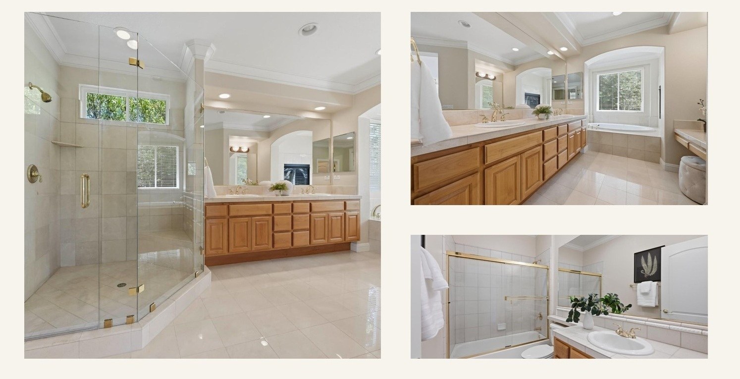Marble spa-style primary bath with oversized shower tub and dual vanities
